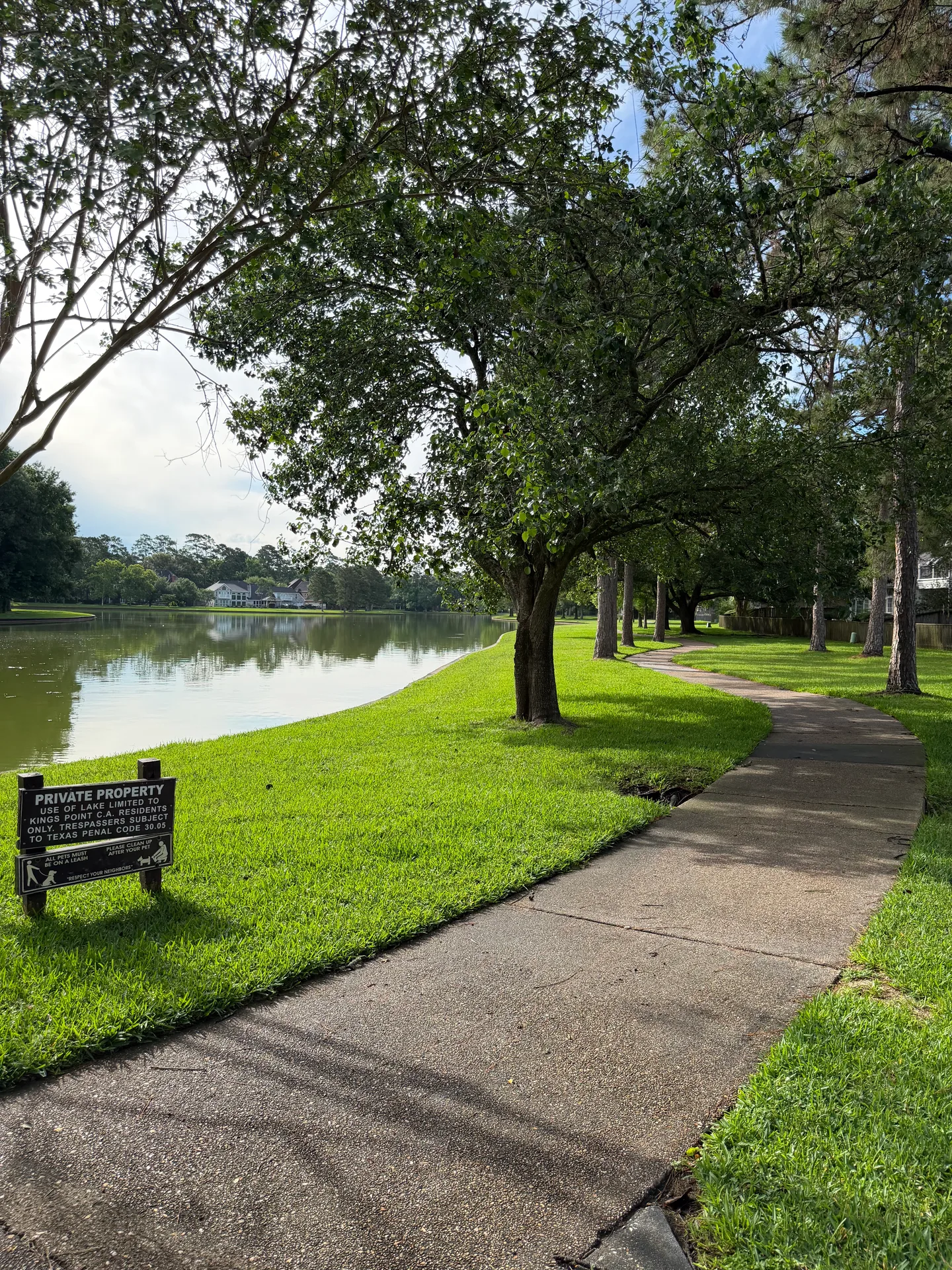 A scenic view of Lake Houston with homes along the shoreline and lush trees framing the water