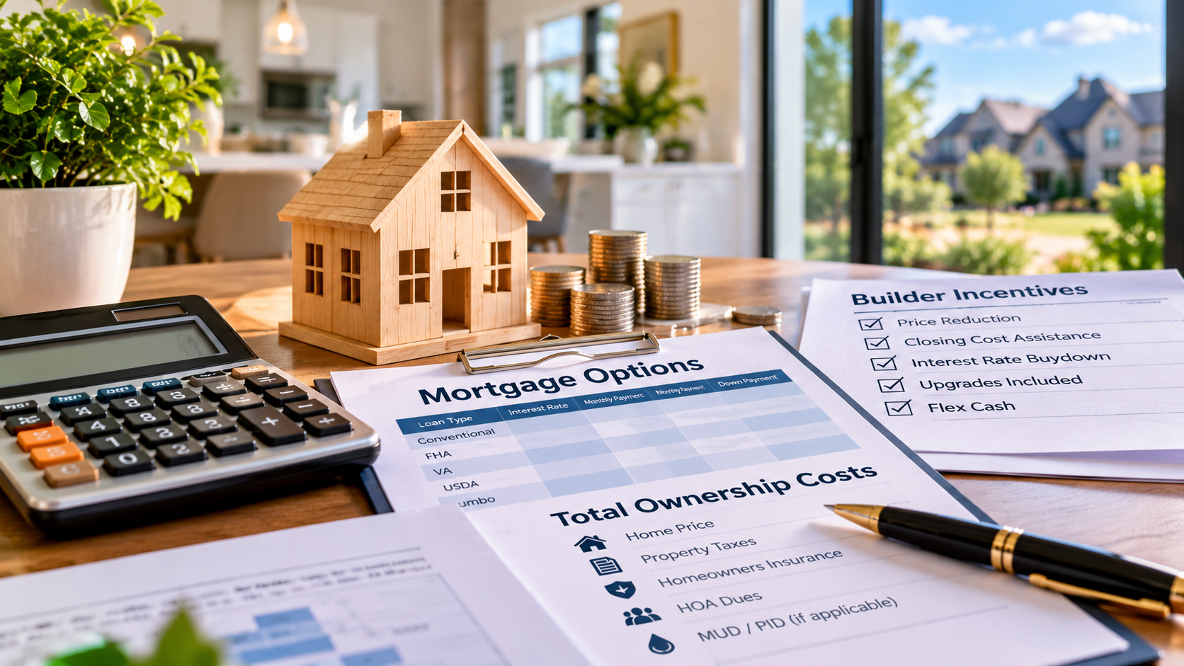 A mortgage options guide beside a new-construction model home in North Texas