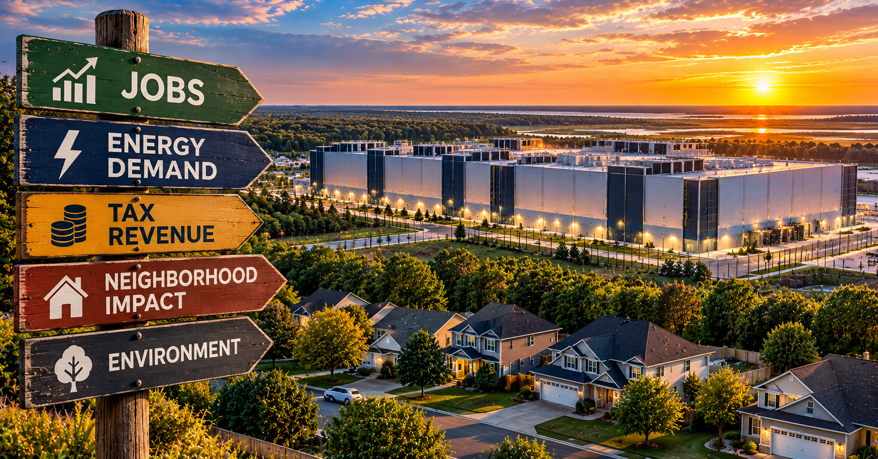 Sunset view of a modern data center facility in a suburban South Jersey landscape, with a wooden directional signpost in the foreground whose signs read 'JOBS', 'ENERGY DEMAND', 'TAX REVENUE', 'NEIGHBORHOOD IMPACT', and 'ENVIRONMENT'.