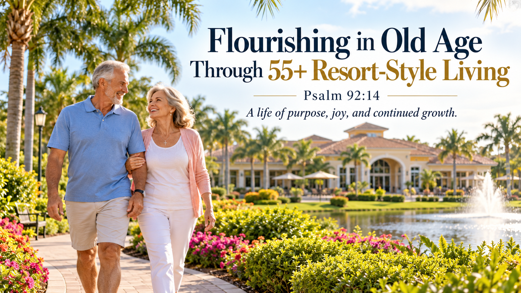 Older couple walking arm-in-arm through a resort-style 55+ community, Psalm 92:14