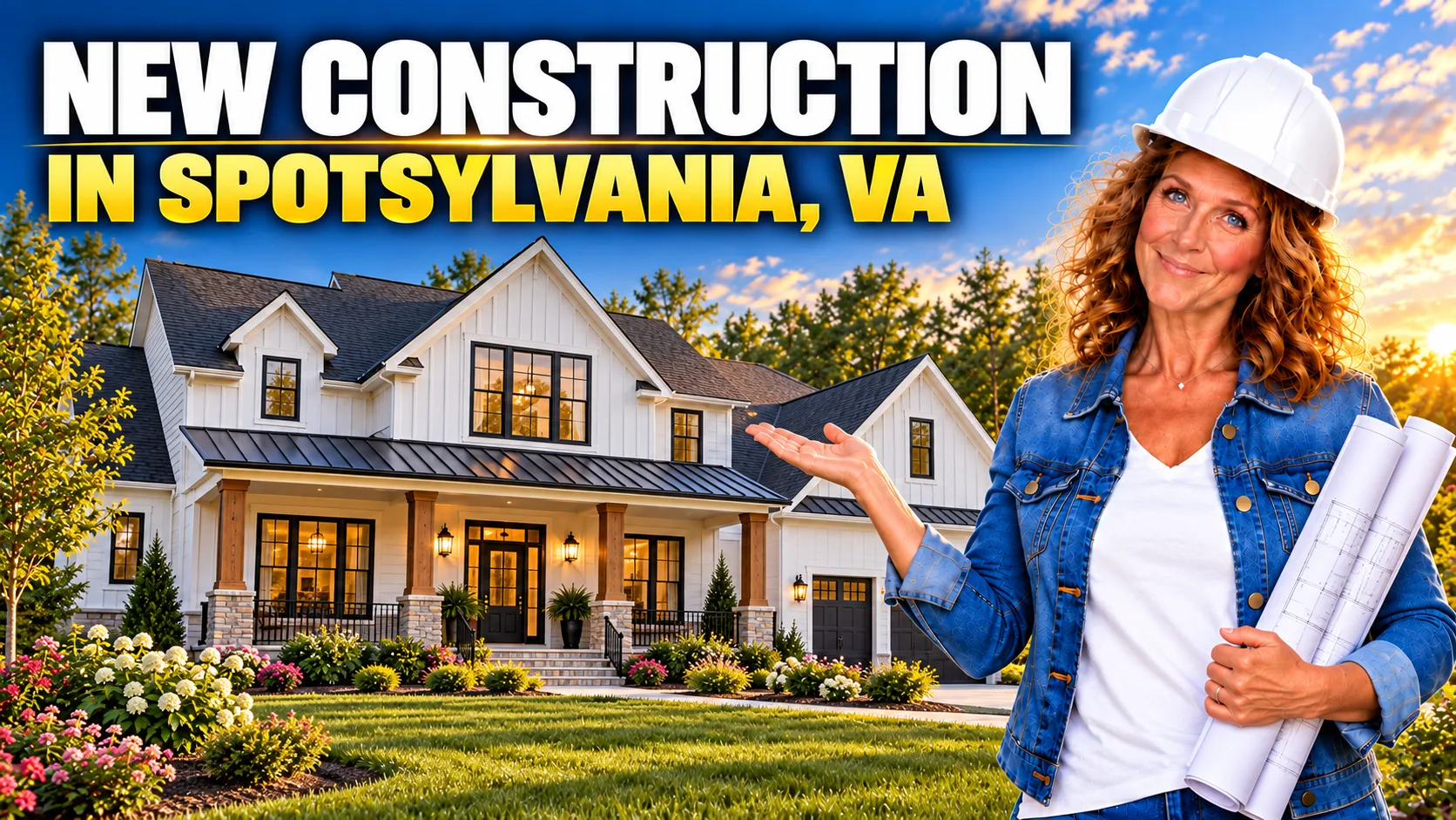 NEW CONSTRUCTION IN SPOTSYLVANIA, VA hero banner featuring Barbara Jennings in a hard hat holding blueprints in front of a new home at sunset