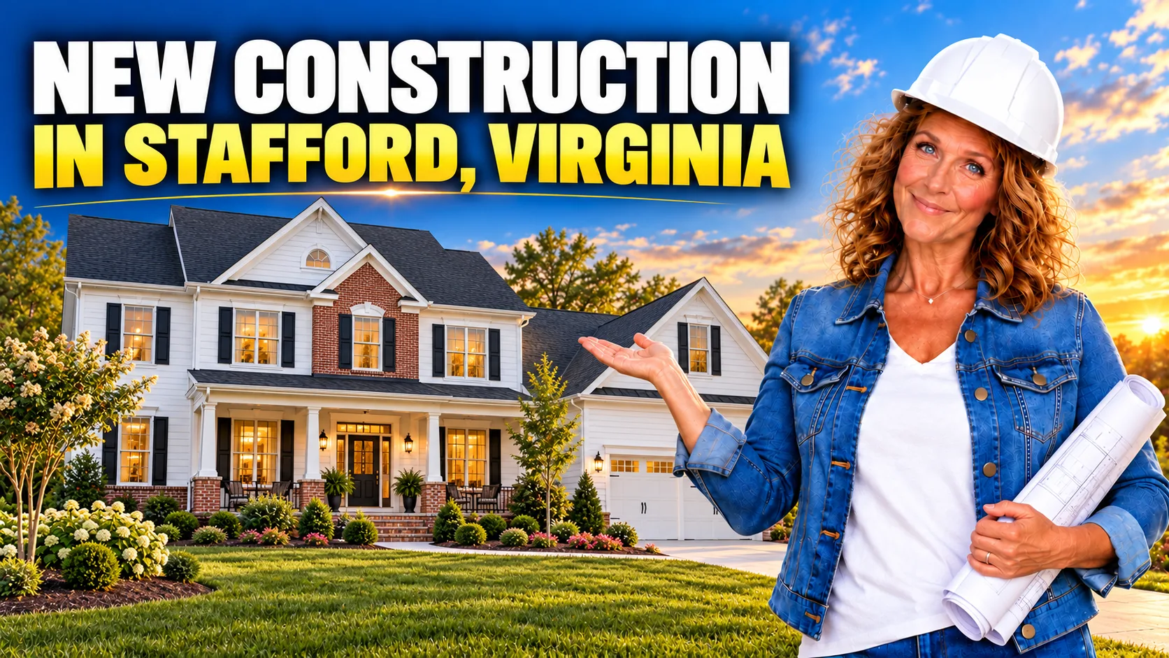 NEW CONSTRUCTION IN STAFFORD, VIRGINIA hero banner featuring Barbara Jennings in a hard hat holding blueprints in front of a new home at sunset