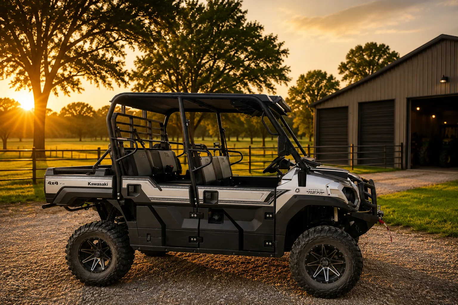 Kawasaki side by side parked in front of a rural barn at sunset, representing the rural land and ranch properties the Shannon Miles Group specializes in