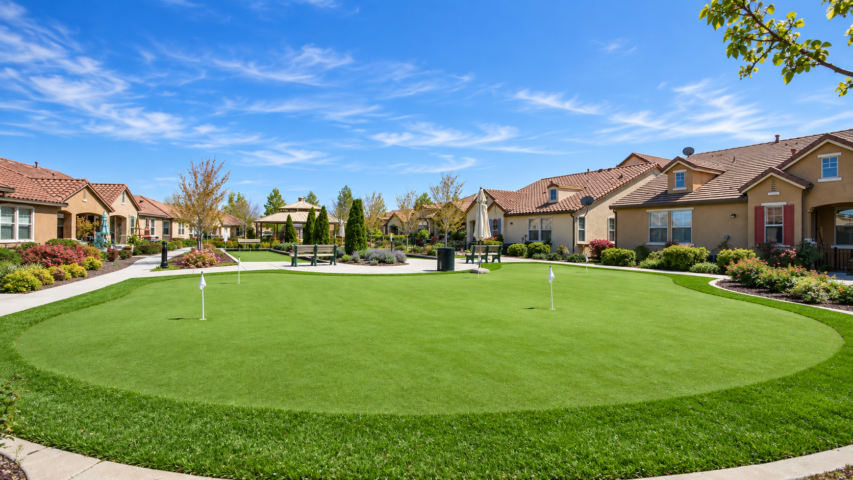 Putting green and courtyard at Eskaton Village Roseville, an outdoor recreation amenity in the 55+ community