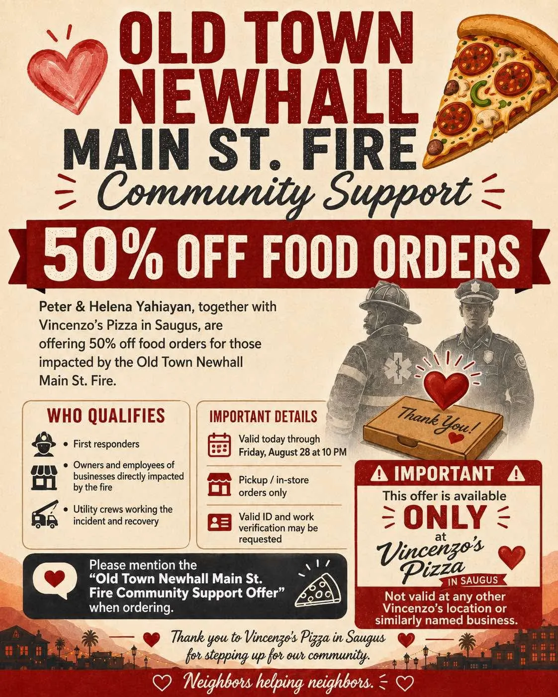 Vincenzo's Pizza community support flyer — 50% off for first responders and fire-impacted workers