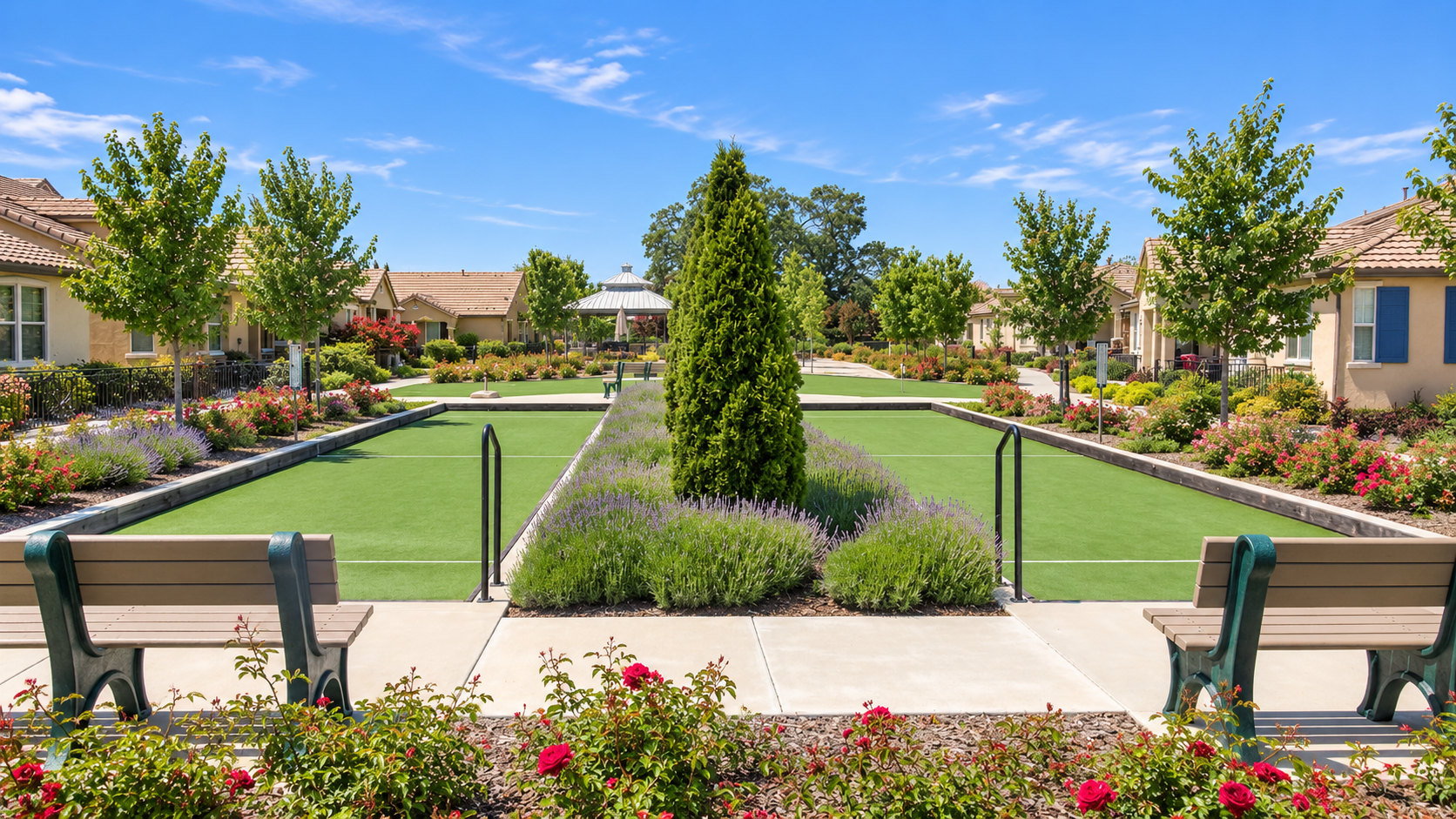 Bocce courts and landscaped recreation area at Eskaton Village Roseville, an outdoor amenity for the 55+ active adult community