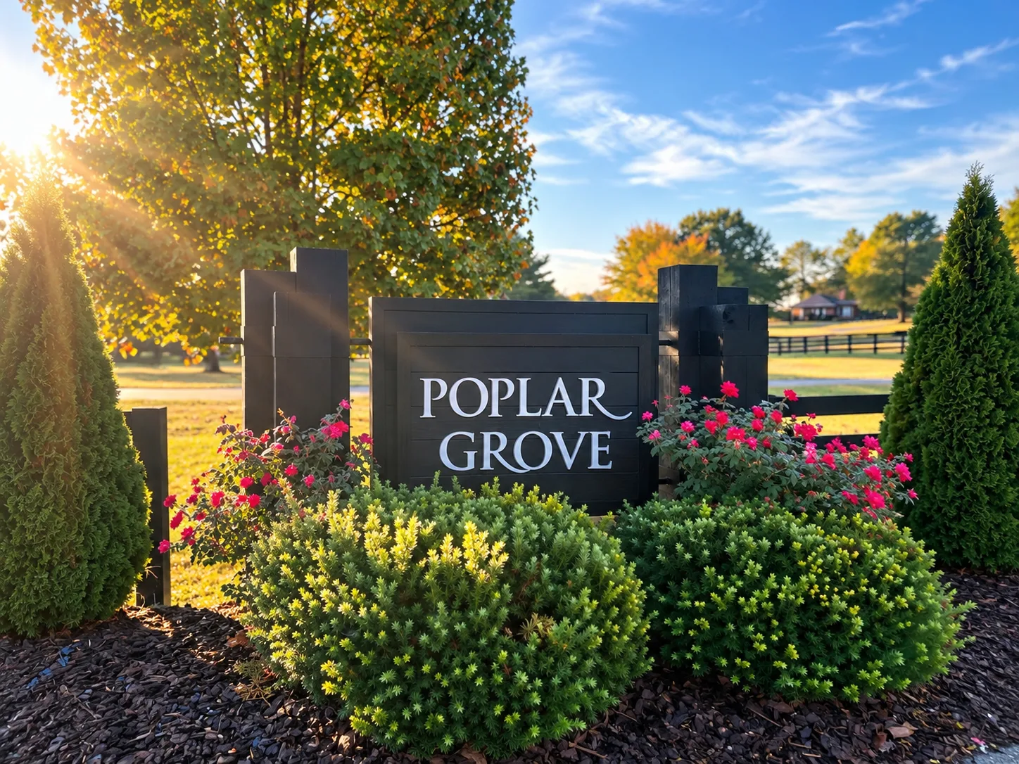 The Poplar Grove neighborhood entrance monument in Alvaton, Kentucky, warm in golden-hour light