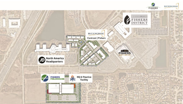 Fishers District development area in Fishers Indiana showing the vibrant mixed-use district
