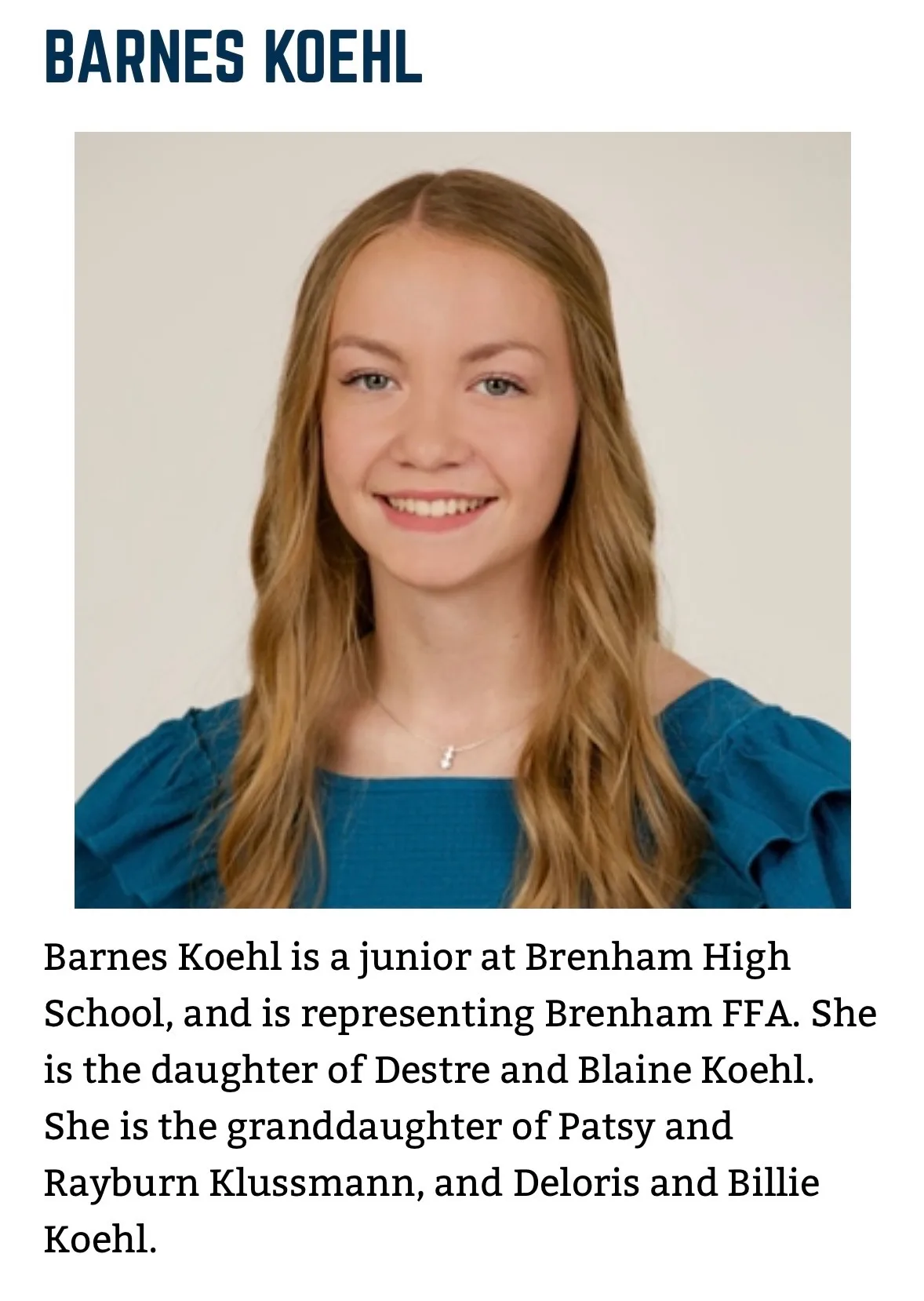 Barnes Koehl, candidate for Washington County Fair Queen