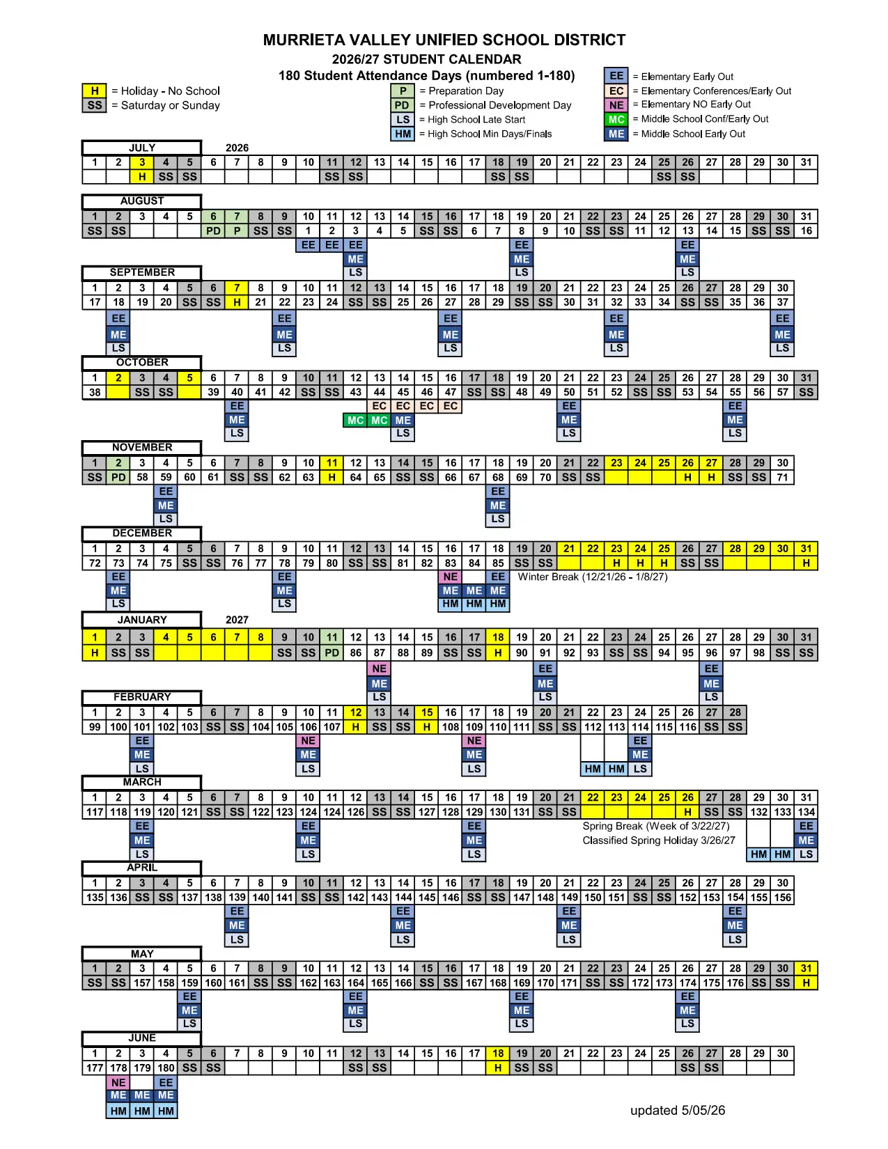 MVUSD School Calendar 2026-2027