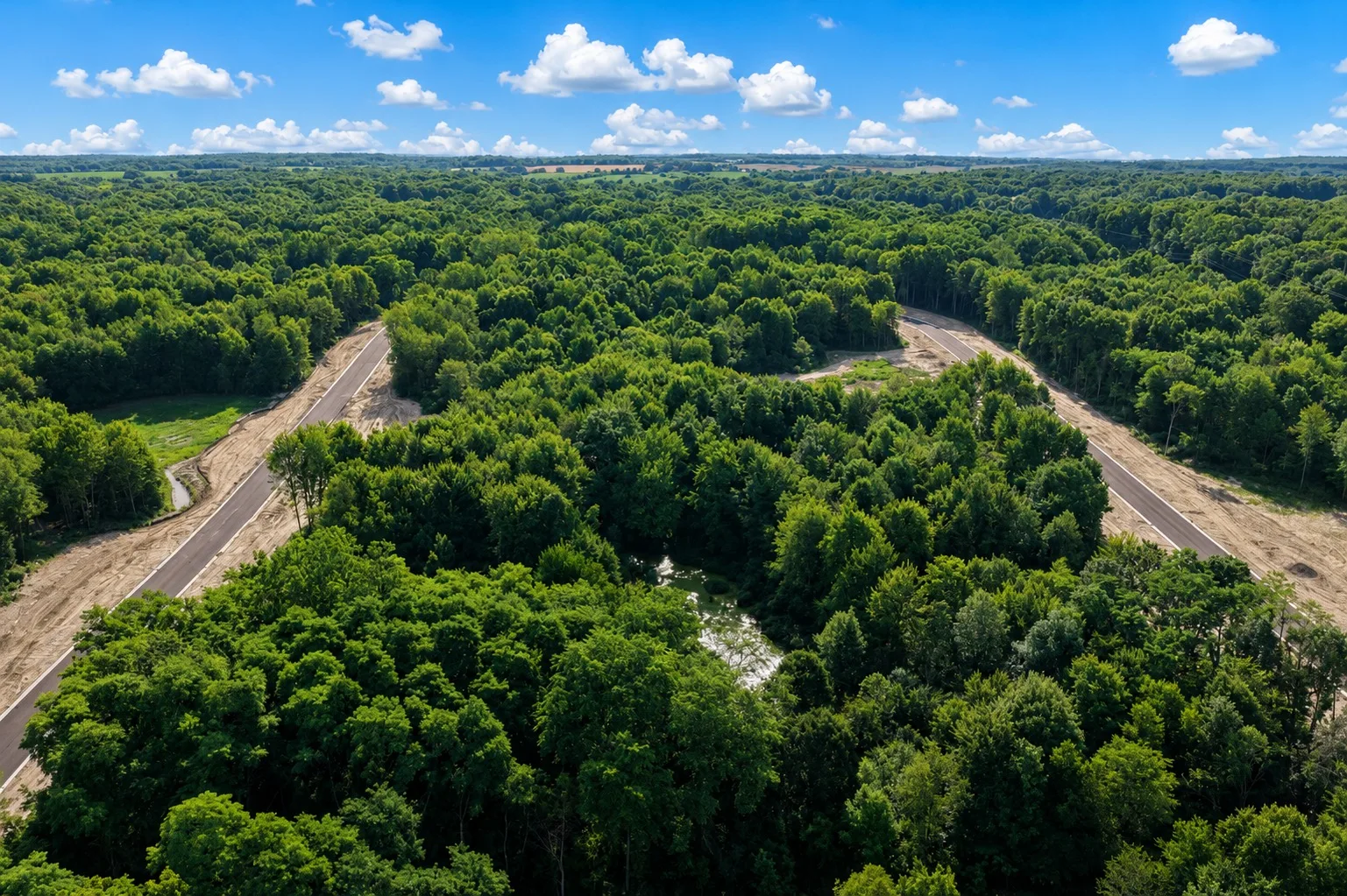 Aerial drone view of Oaks of Tyrone showing wooded one-acre homesites in Tyrone Township Michigan