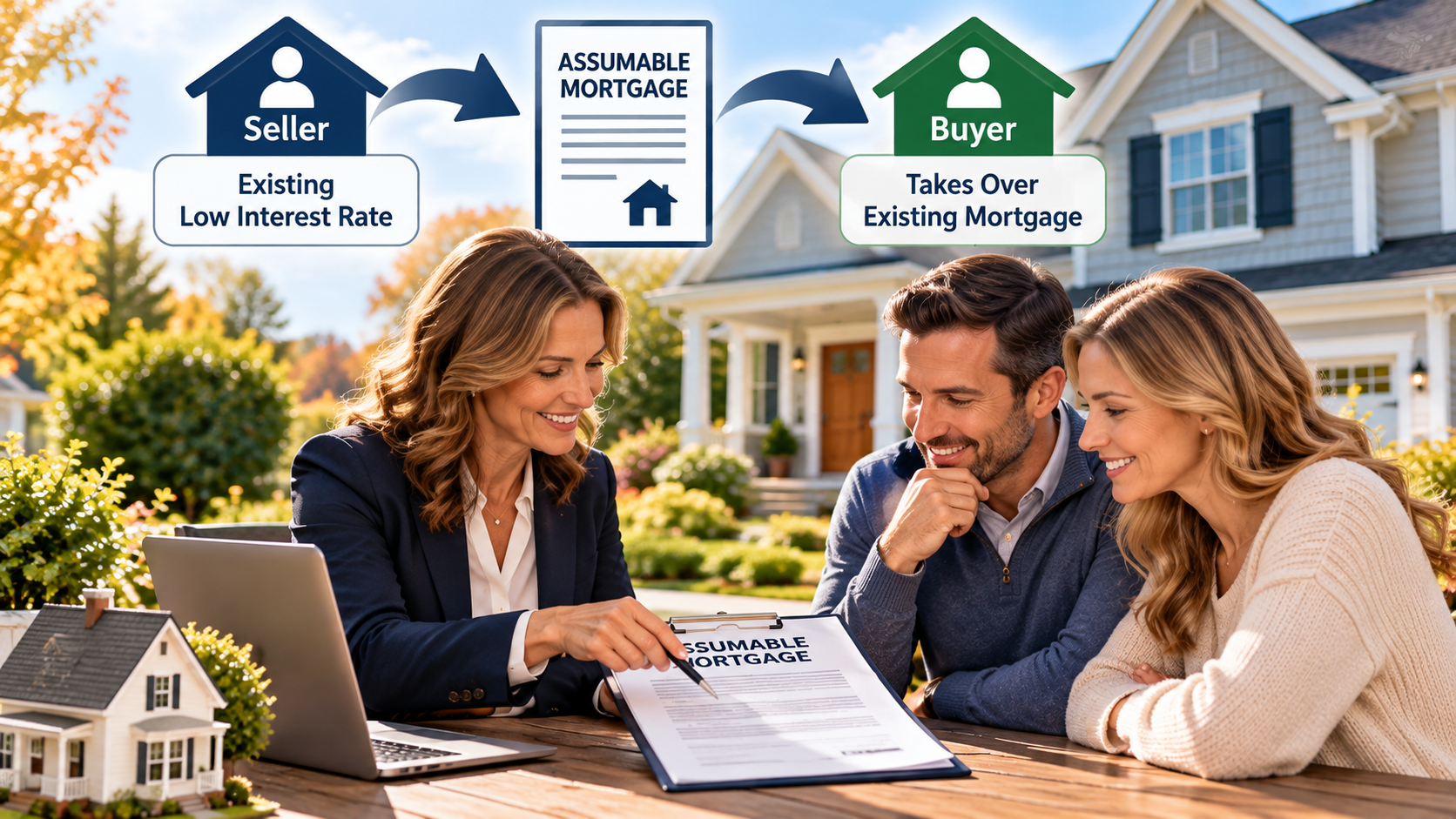 Custom graphic illustrating a home transfer through an assumable mortgage