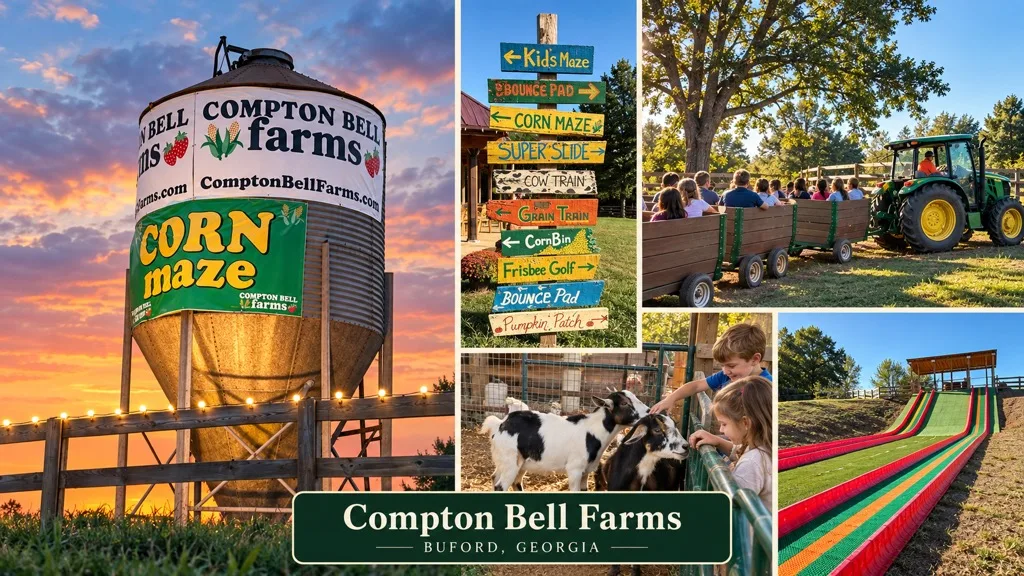 Compton Bell Farms in Buford, Georgia: the grain silo at sunset with the farm logo and Corn Maze banner, the attraction signpost, a tractor-pulled wagon ride, children with goats, and the multi-lane slide