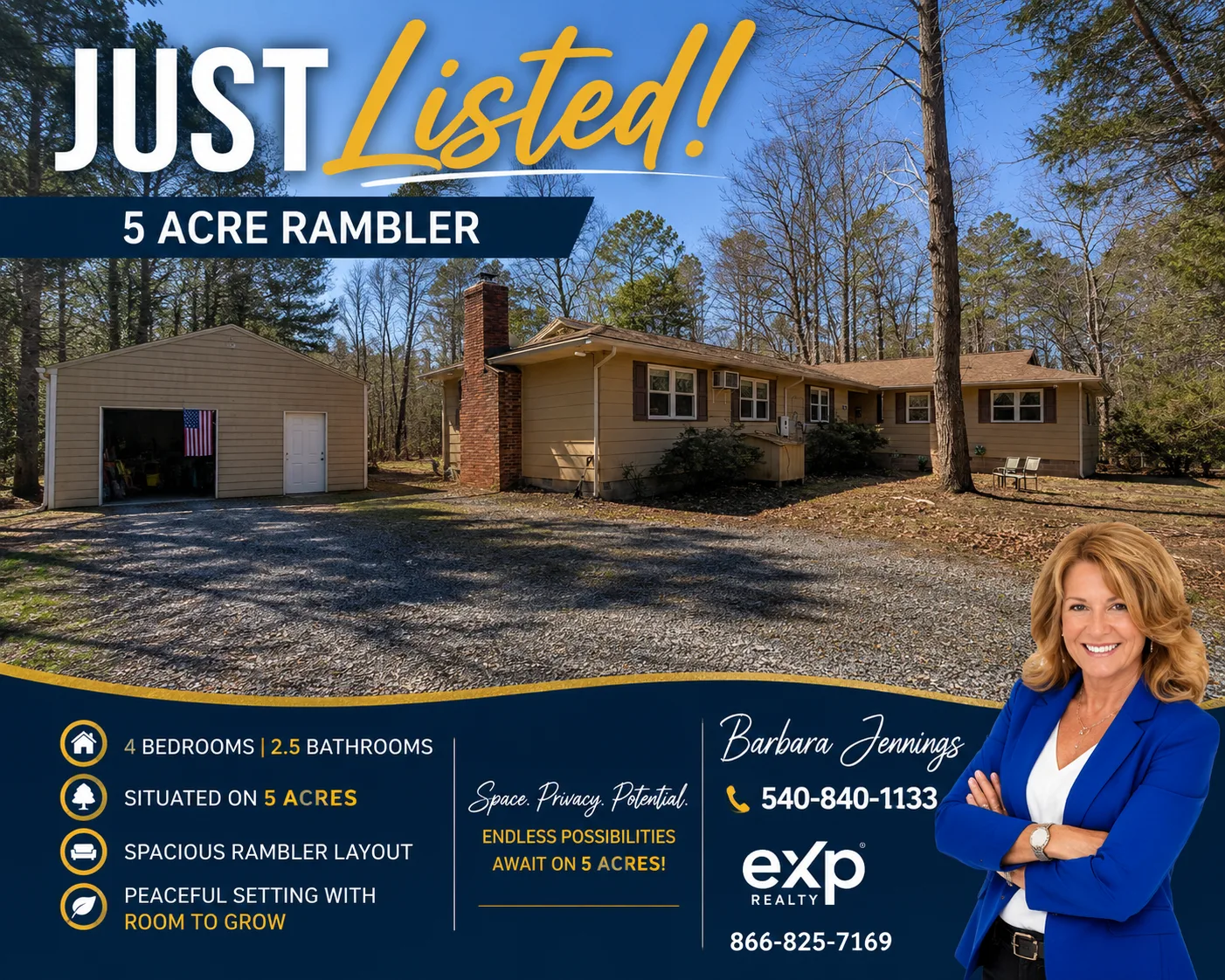 Rambler on 5 acres in Spotsylvania VA — just listed with Barbara Jennings, eXp Realty