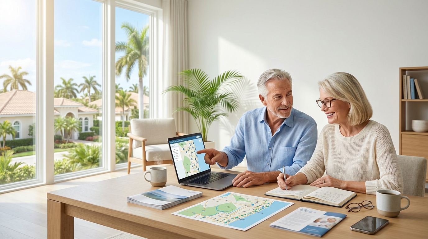 Retirees researching healthcare and cost of living in Palm Beach County.