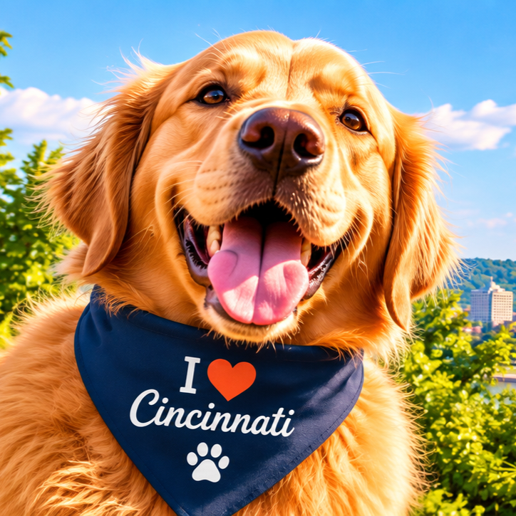 Goldie, the Good Dog Cincinnati ace reporter, a golden retriever wearing her navy I heart Cincinnati bandana