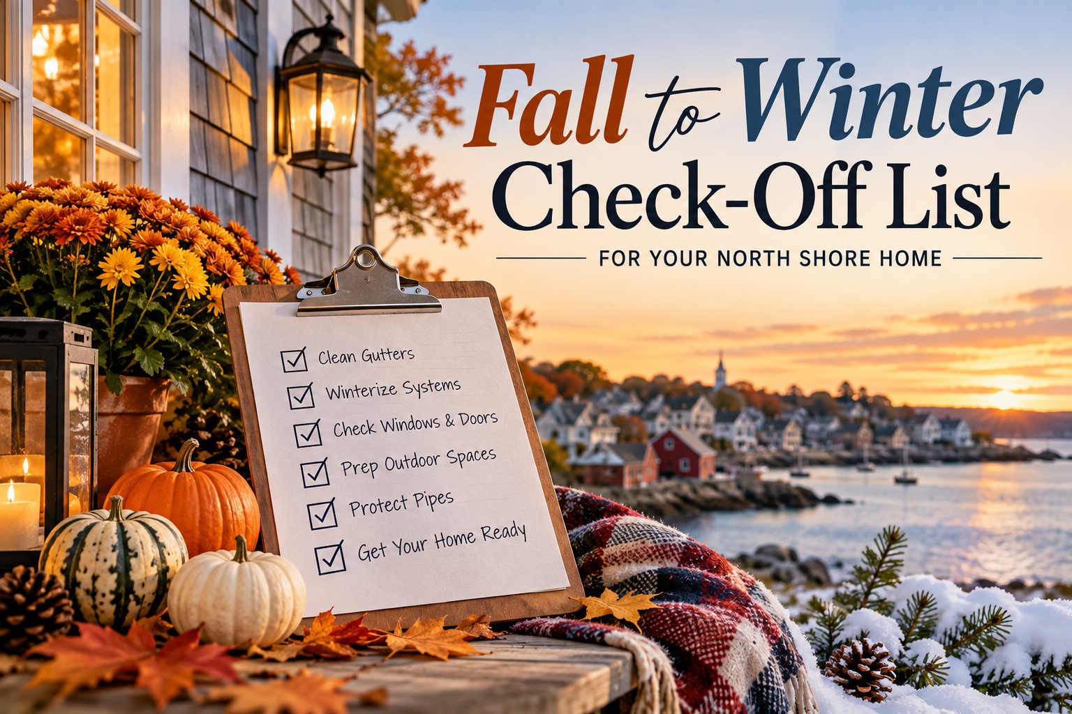 A seasonal coastal graphic titled Fall to Winter Check-Off List, used as the hero image for this North Shore home care article
