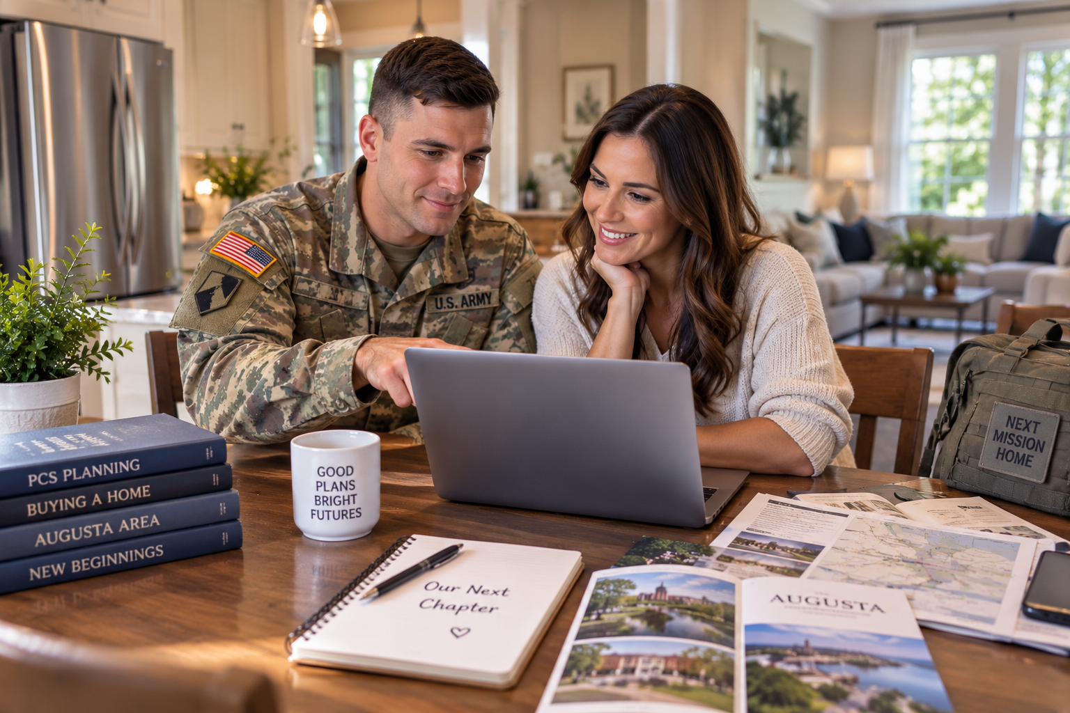 A military couple planning their home search on a laptop at the kitchen table