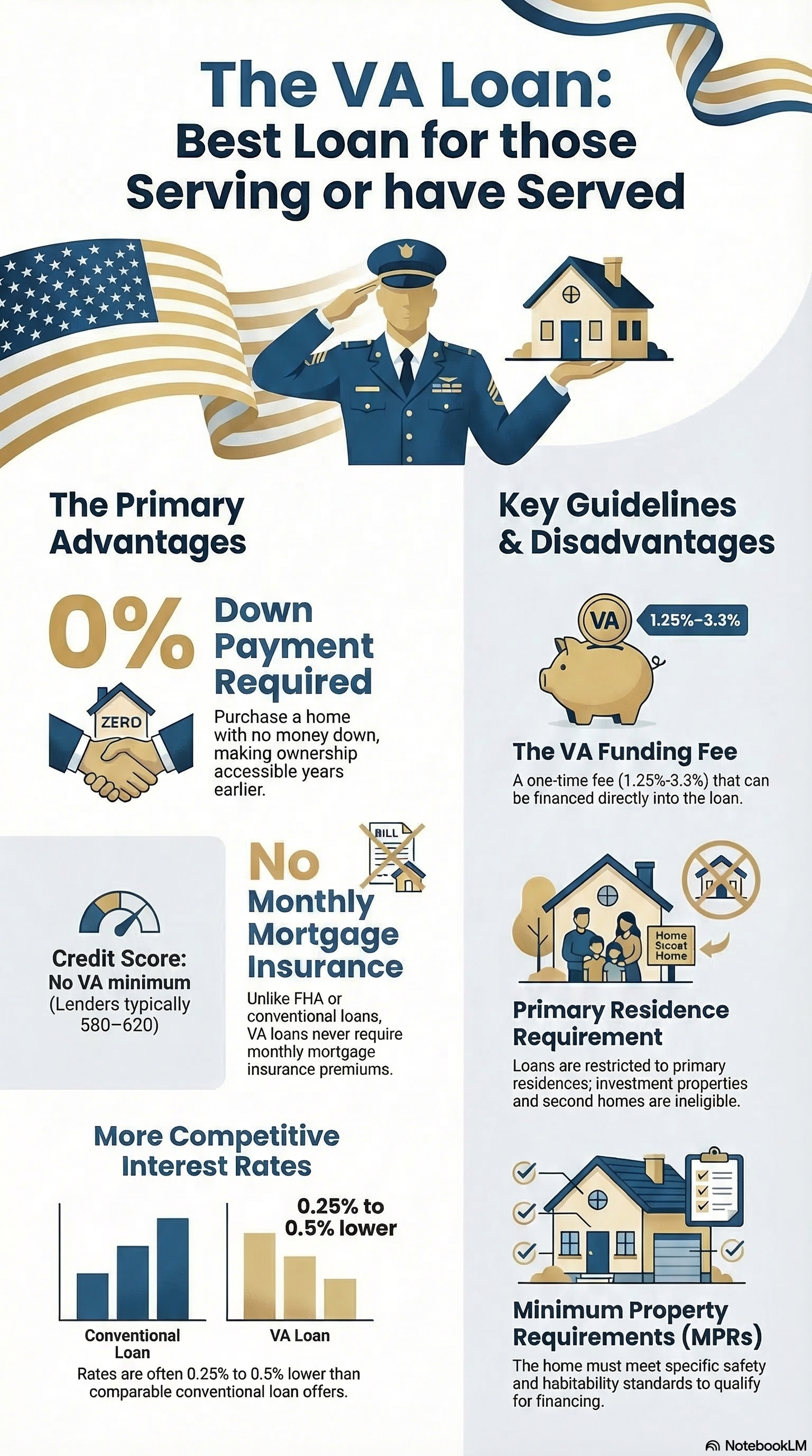 VA loan overview for eligible veterans and military buyers: zero down, no mortgage insurance, and the one-time funding fee