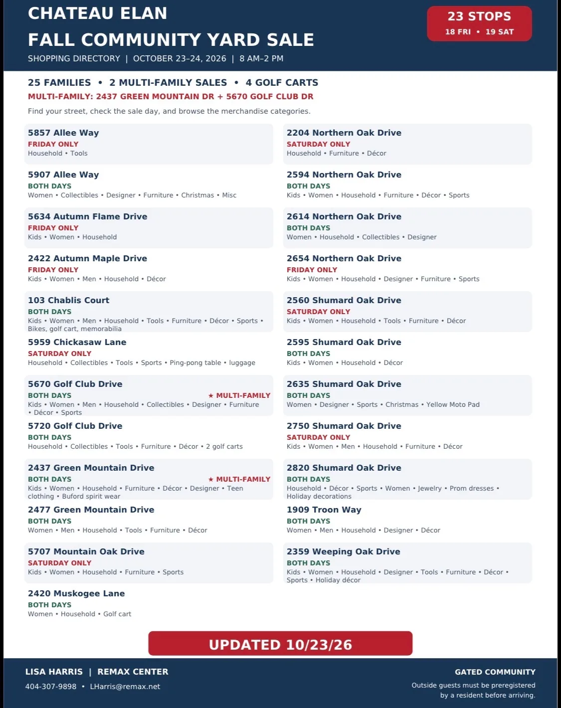 Full Chateau Elan Community Fall Yard Sale address-by-address shopping directory, every participating home listed for October 23-24 2026 in Braselton Georgia