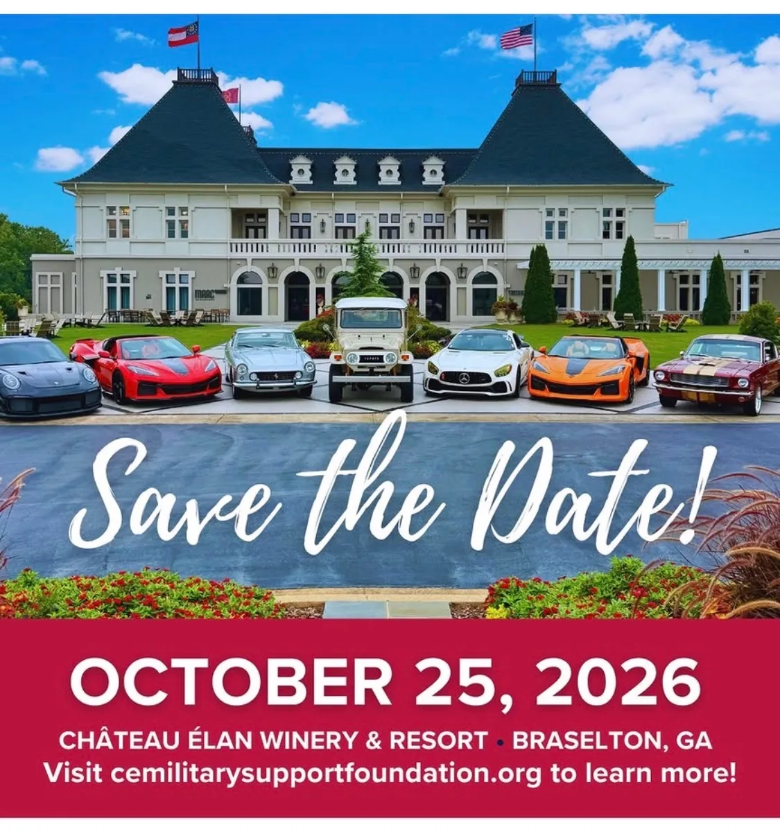 Military Support Foundation gala event at Chateau Elan Resort featuring luxury and vintage cars supporting military families