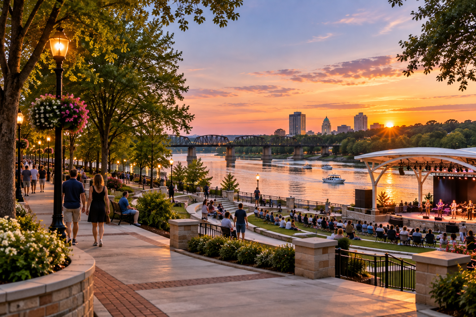 Augusta Riverwalk and amphitheater along the Savannah River at sunset