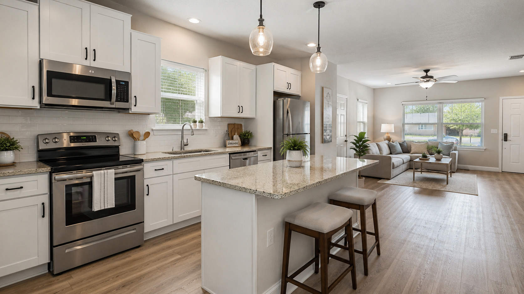 Modern townhome kitchen with quartz countertops and stainless steel appliances in Sanford FL
