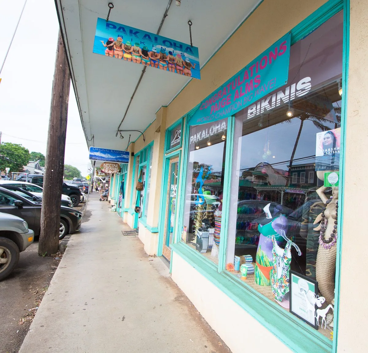 Paia surf town with a colorful main street