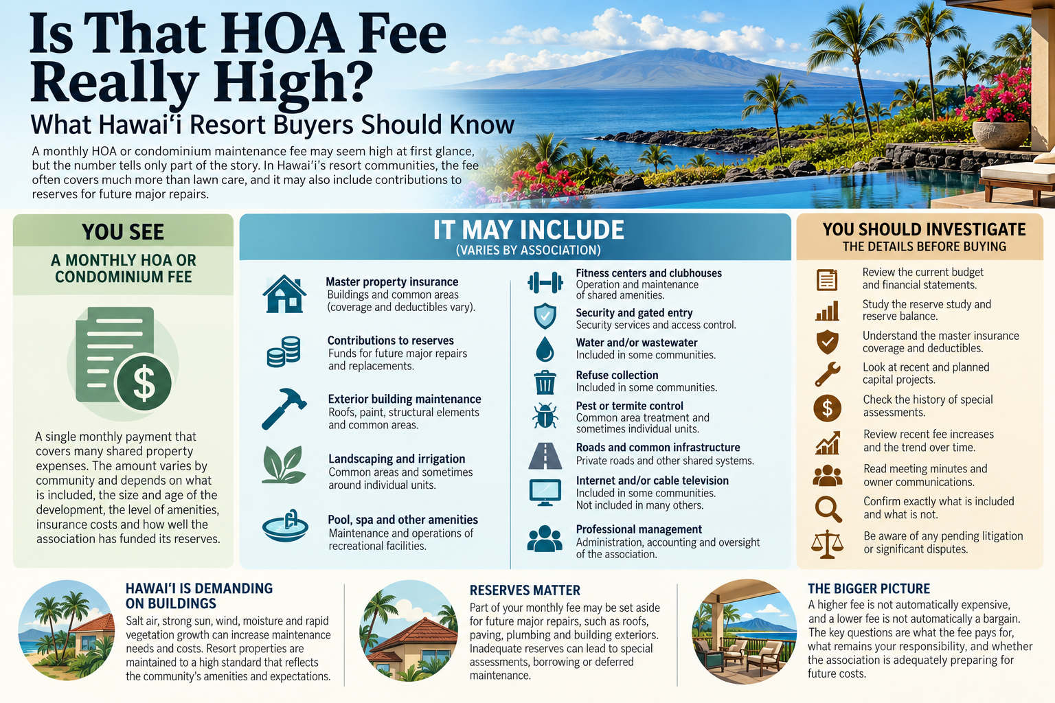 Guide to evaluating Hawaiʻi resort HOA and AOUO fees, including possible inclusions and condominium due-diligence questions.