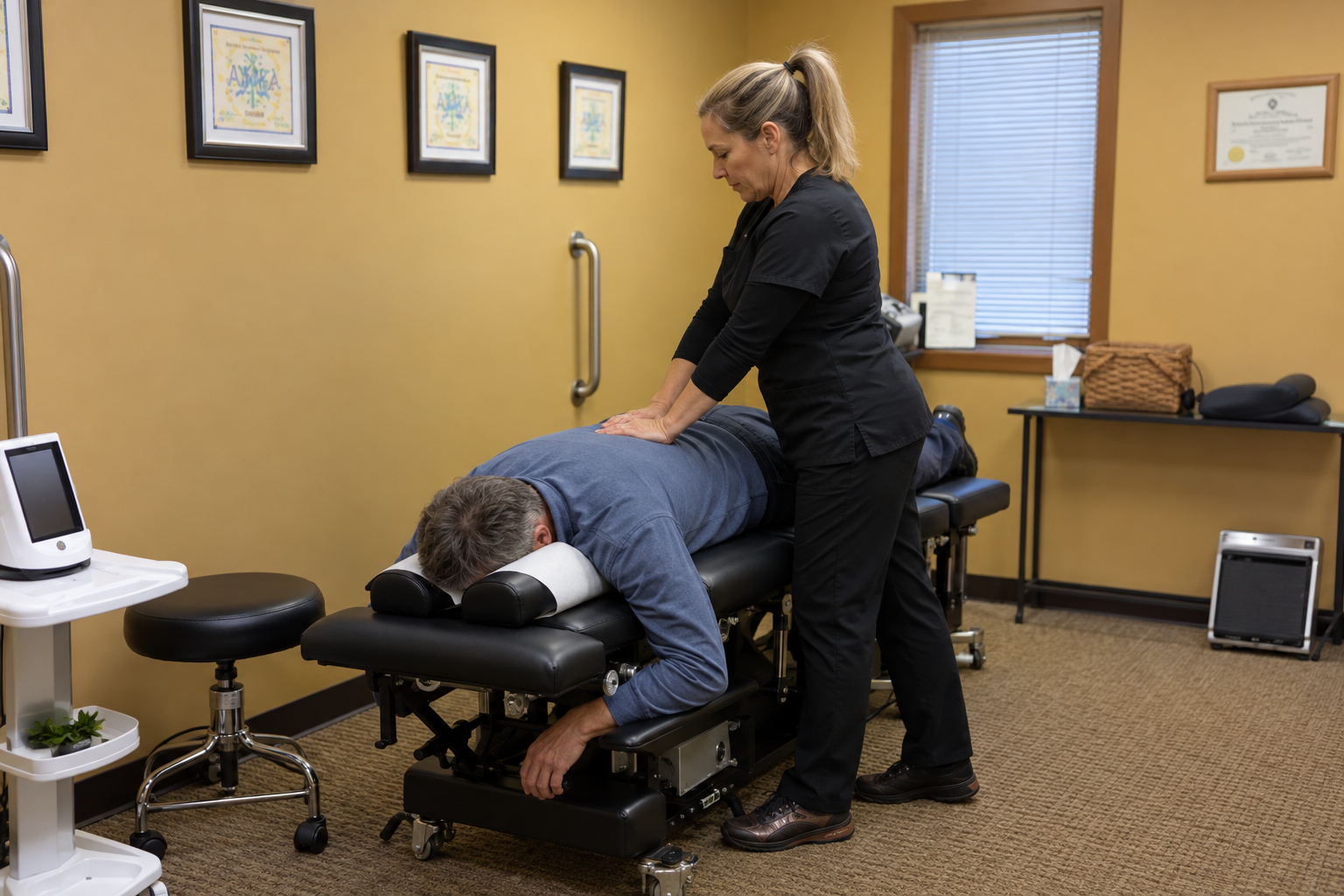 Hands placed on a patient's back during a gentle chiropractic assessment