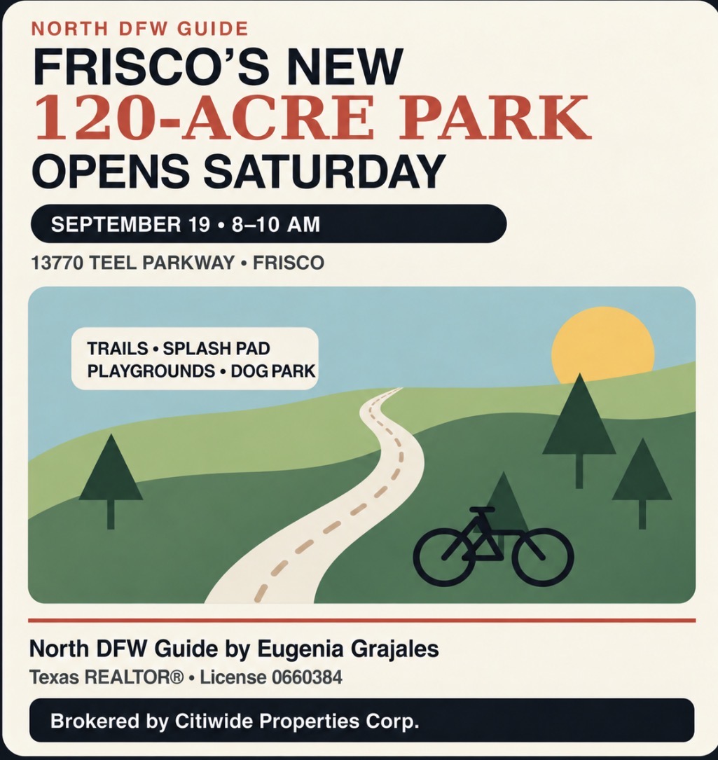Illustrated announcement for Frisco's Northwest Community Park opening September 19, 2026, from North DFW Guide by Eugenia Grajales.