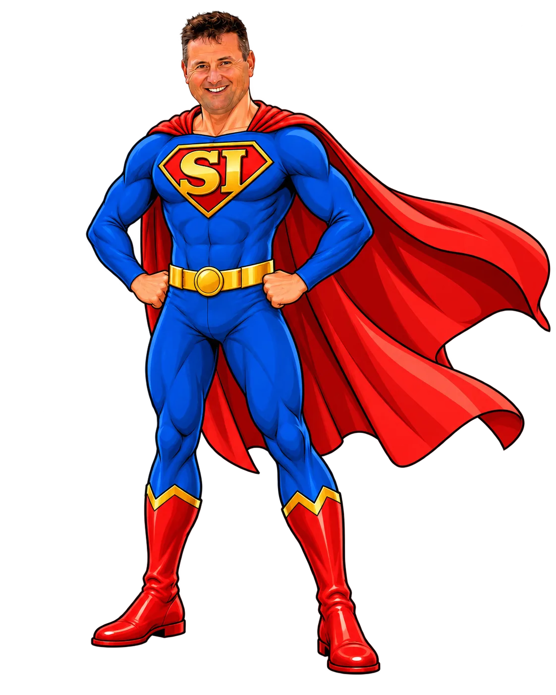 Comic-book style illustration of the Super Intelligent Agent, a smiling man in a superhero suit with a red cape and SI emblem