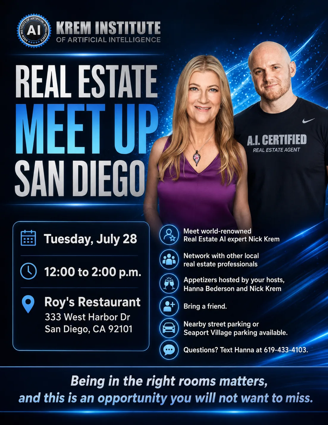 Real Estate Meet Up San Diego event flyer featuring Nick Krem and Hanna Bederson at Roy's Restaurant on July 28