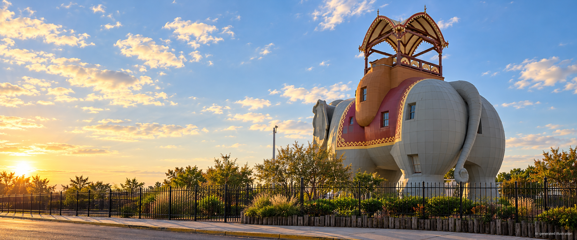 Wide sunset view of Lucy the Elephant in Margate, New Jersey: warm golden light on the horizon, the landmark's gray elephant-shaped building with a red and gold saddle and a red-roofed howdah, black metal fence and landscaped grounds in front, with the label 'AI-generated illustration' in the bottom-right corner.