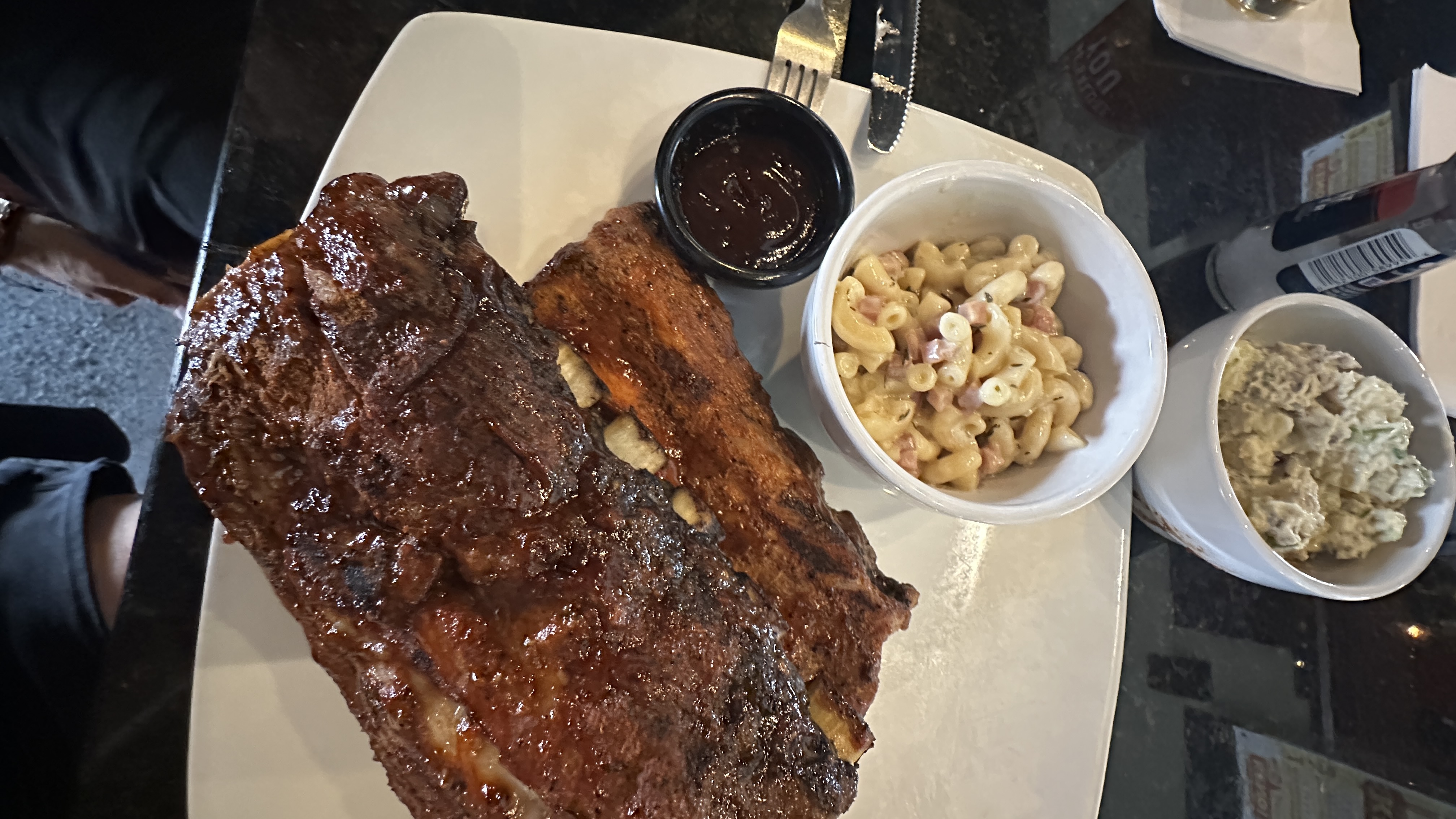 BBQ Ribs with mac and cheese and potato salad at Maynard's at the Corner in Flowery Branch Georgia, Lisa's go-to order