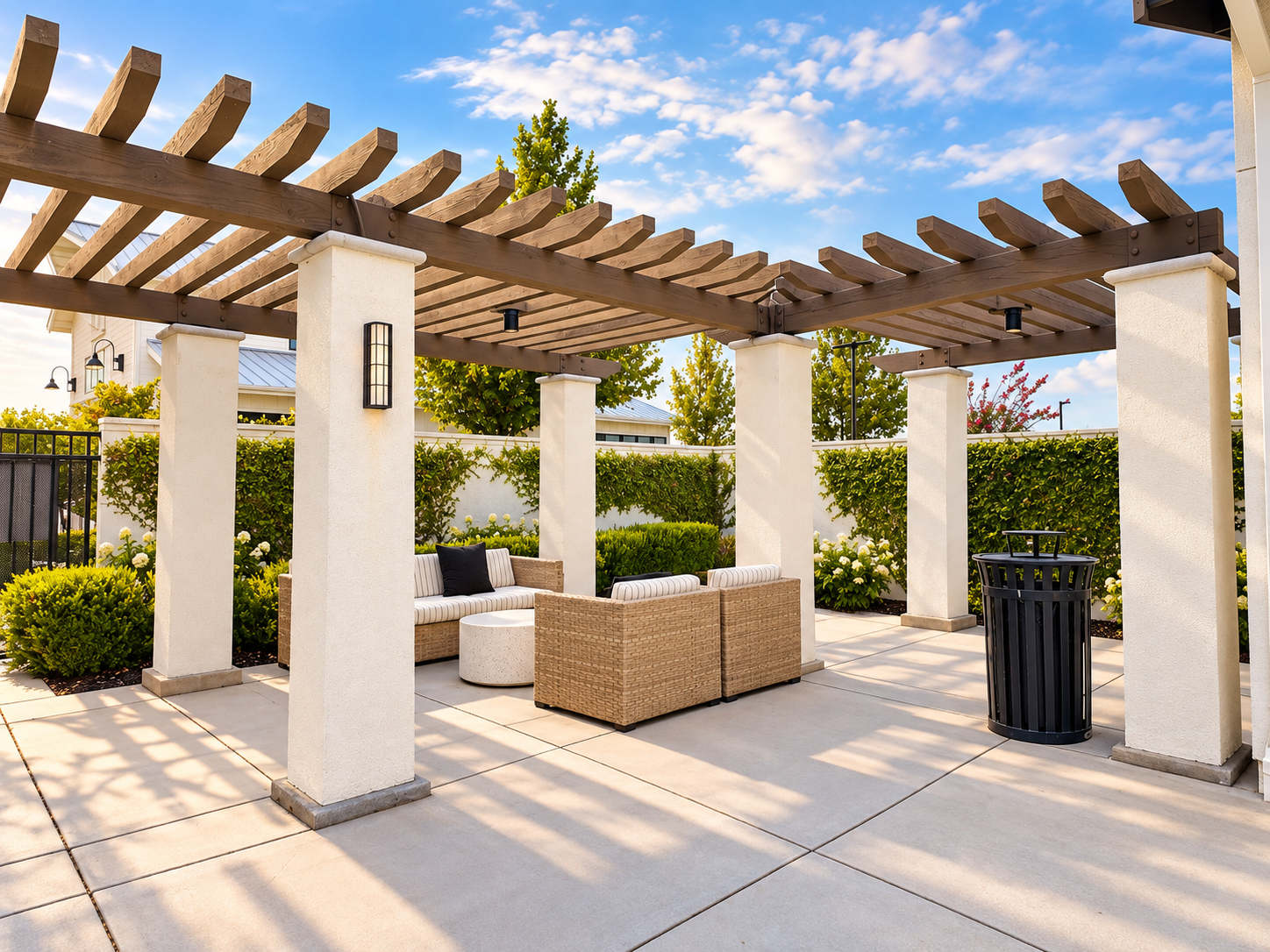 Covered outdoor lounge seating at Club Liberty, Summit at Liberty, Rio Vista
