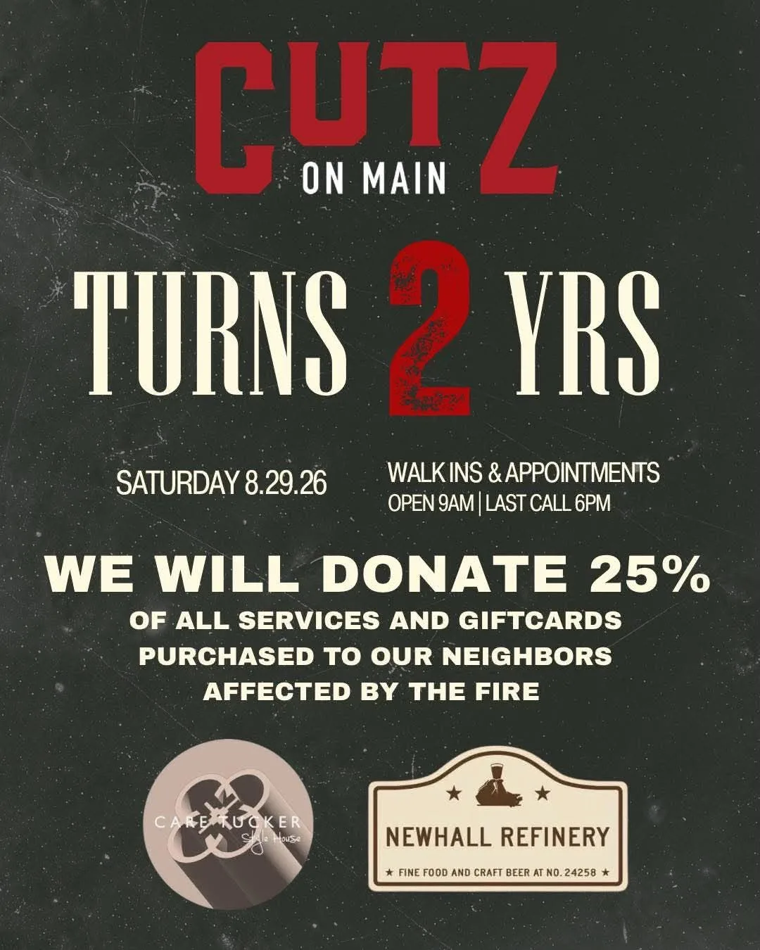 Cutz on Main anniversary fundraiser flyer — donating 25% to fire-affected neighbors