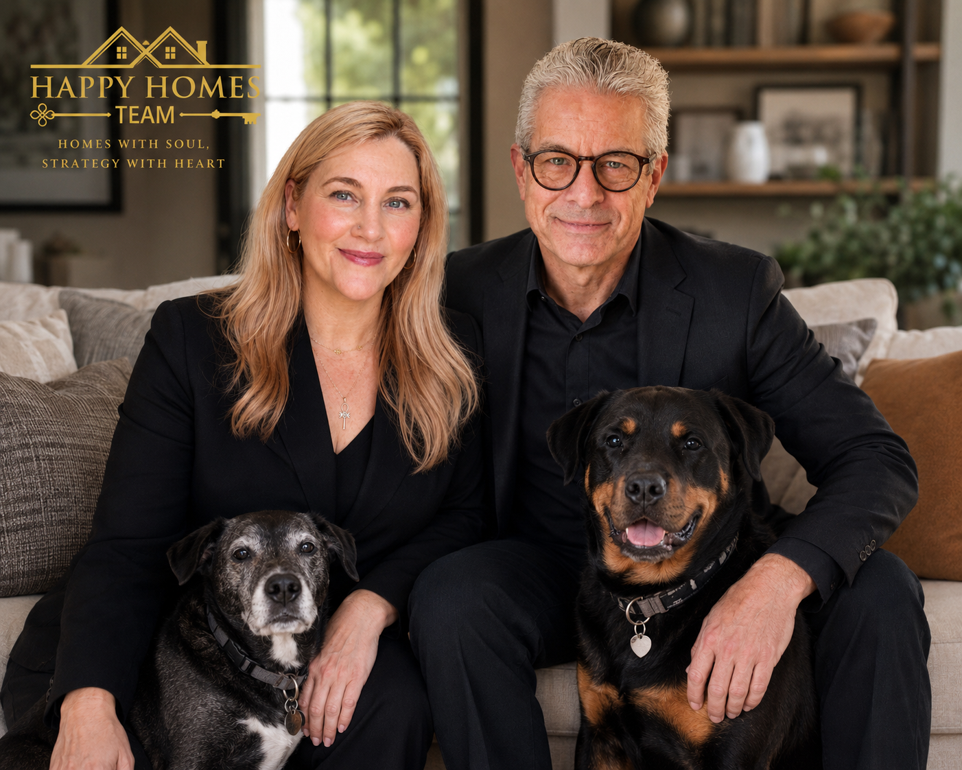 Anna Hakim and Perry Fanthorpe sitting on a couch with Ziggy and Sahara, your Victoria BC real estate guides