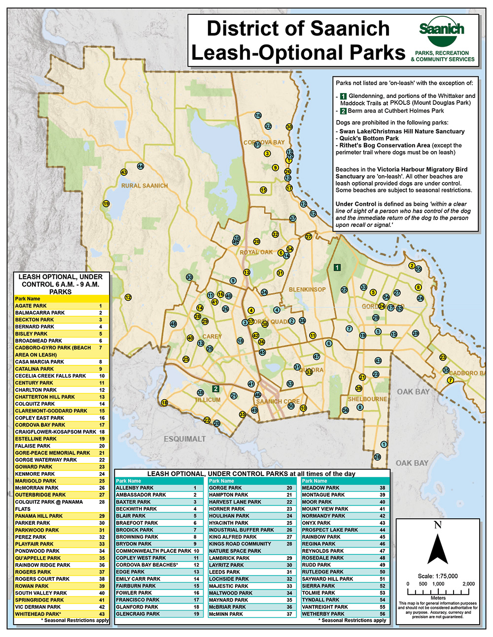 Official District of Saanich map showing leash-optional dog parks, including all-day off-leash zones and 6:00 AM to 9:00 AM restricted windows