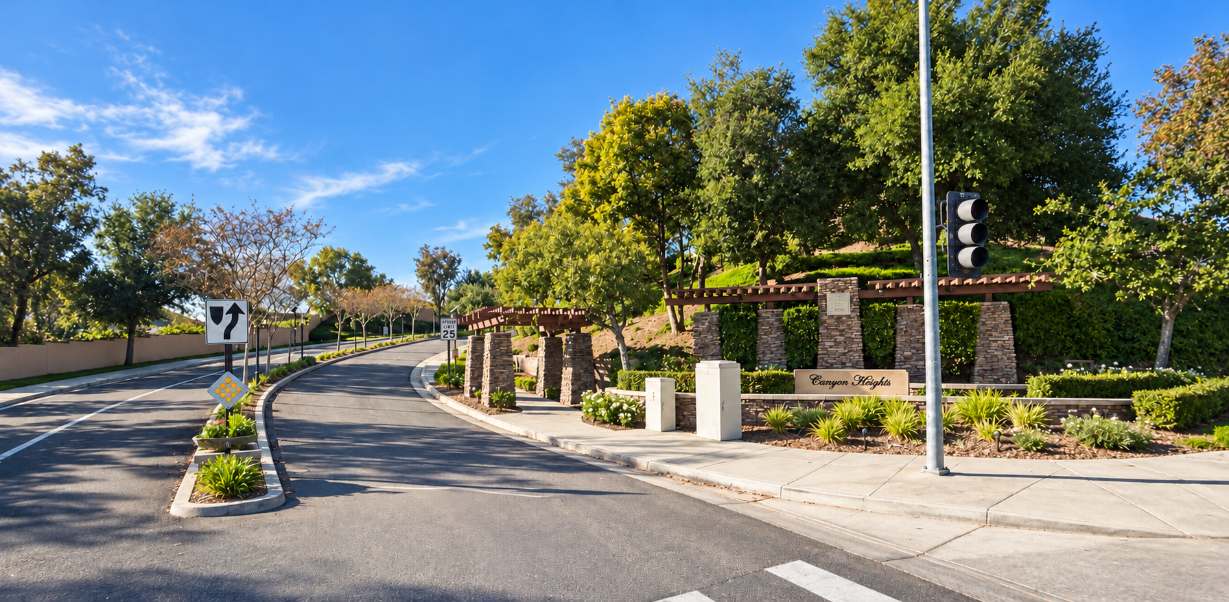 The Canyon Heights community entrance sign in Menifee, California
