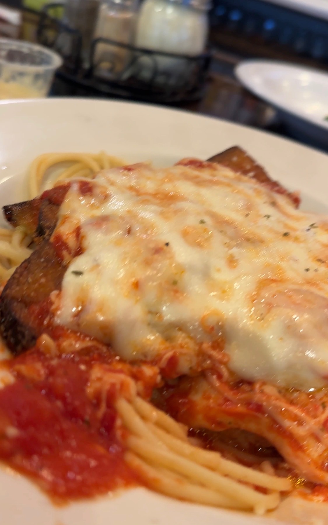 Eggplant Parmigiana with spaghetti at Johnny's Pizza in Flowery Branch Georgia