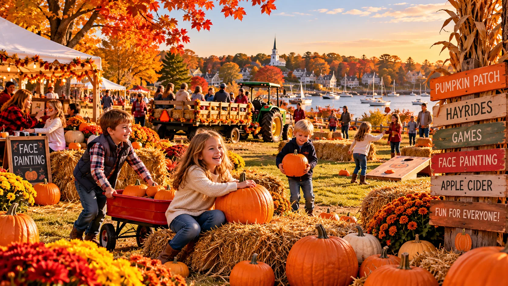 An autumn harvest festival with pumpkins, hay bales, a hayride tractor, face-painting signs, and a harbor town in the background on the North Shore