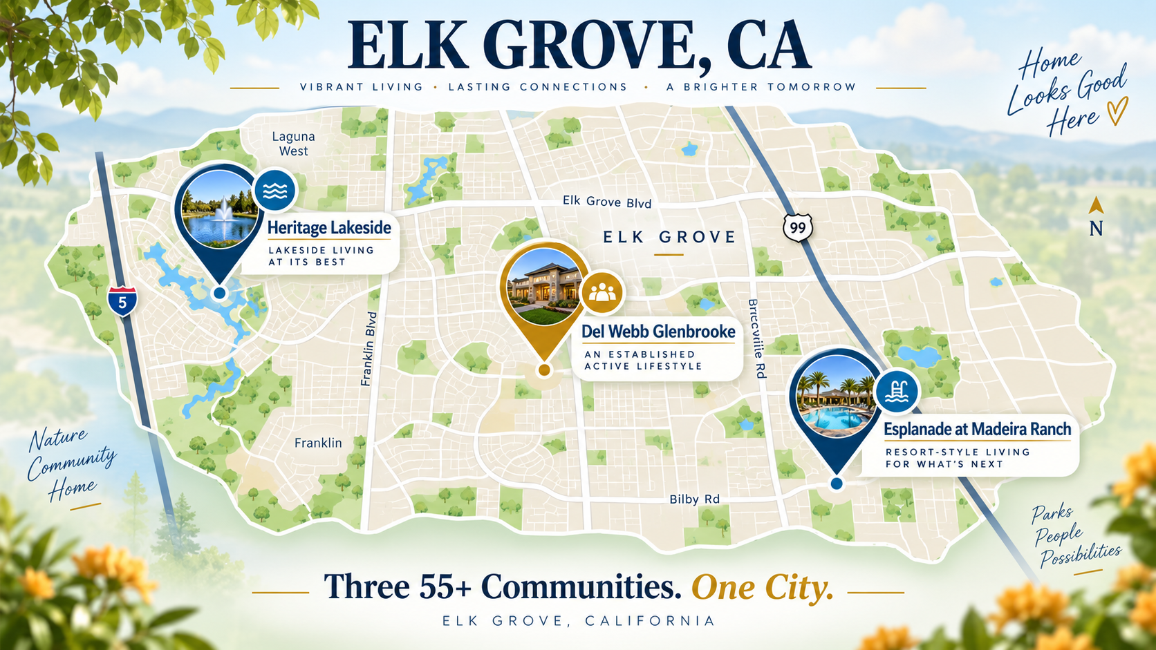 Map of Elk Grove, California, showing its three 55+ communities: Esplanade at Madeira Ranch, Del Webb Glenbrooke and Heritage Lakeside