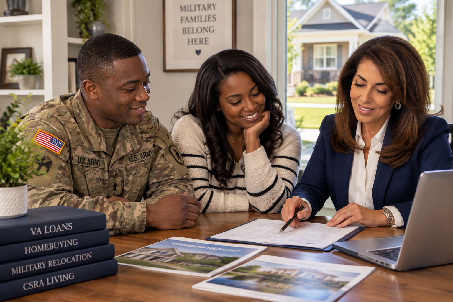 Linda Limehouse meeting with a military couple about a VA loan near Fort Gordon