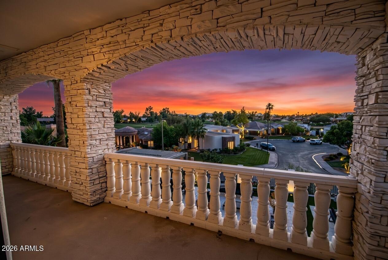 Balcony view with Mediterranean stone facade details