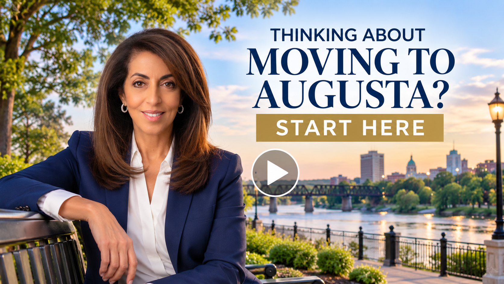 Thinking About Moving to Augusta? video cover with a play button, launches Linda's Augusta relocation video on YouTube