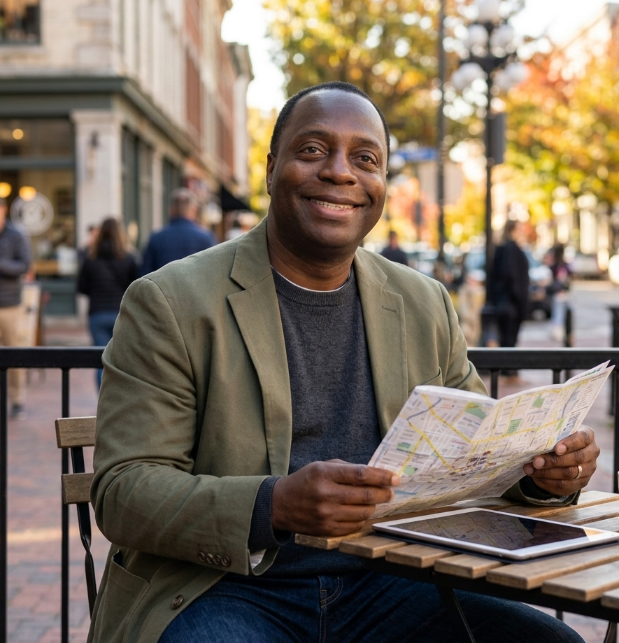 Andre Richardson sitting at an outdoor café table