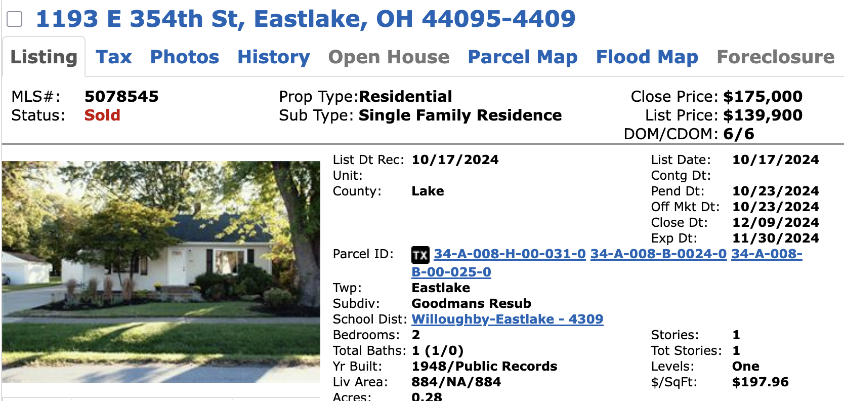 MLS status record showing list price and final sale price for the Eastlake home