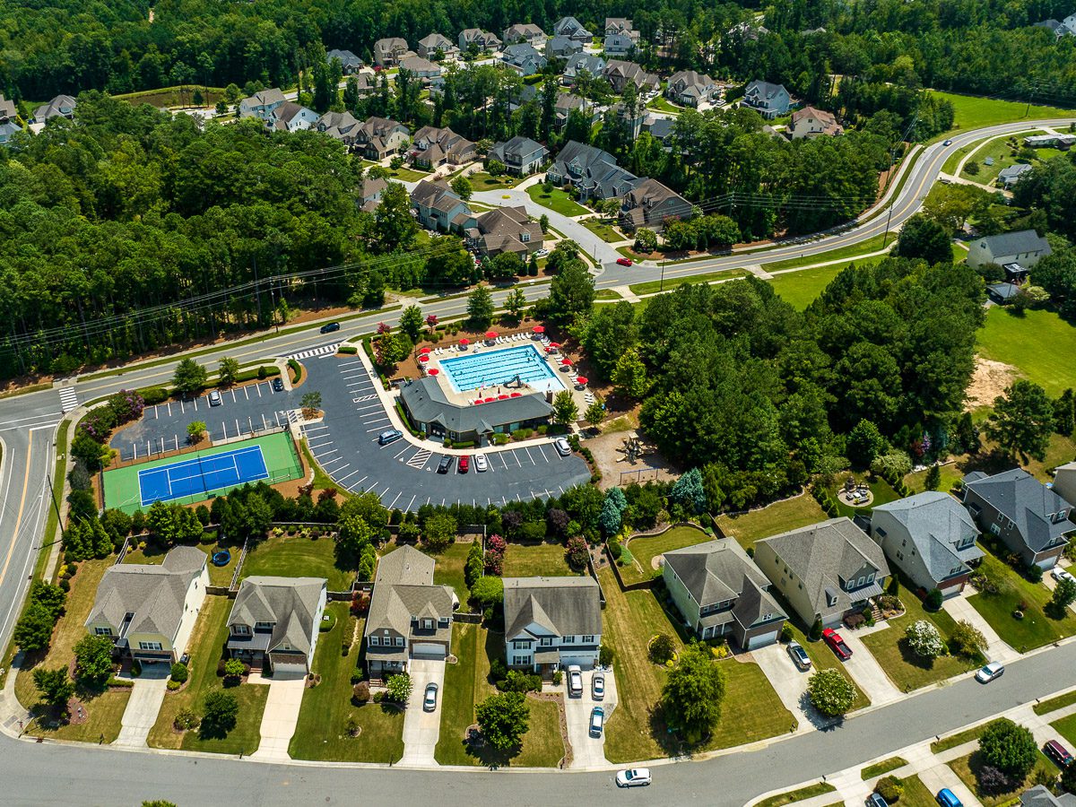 Aerial view of the Bella Casa neighborhood in Apex, NC