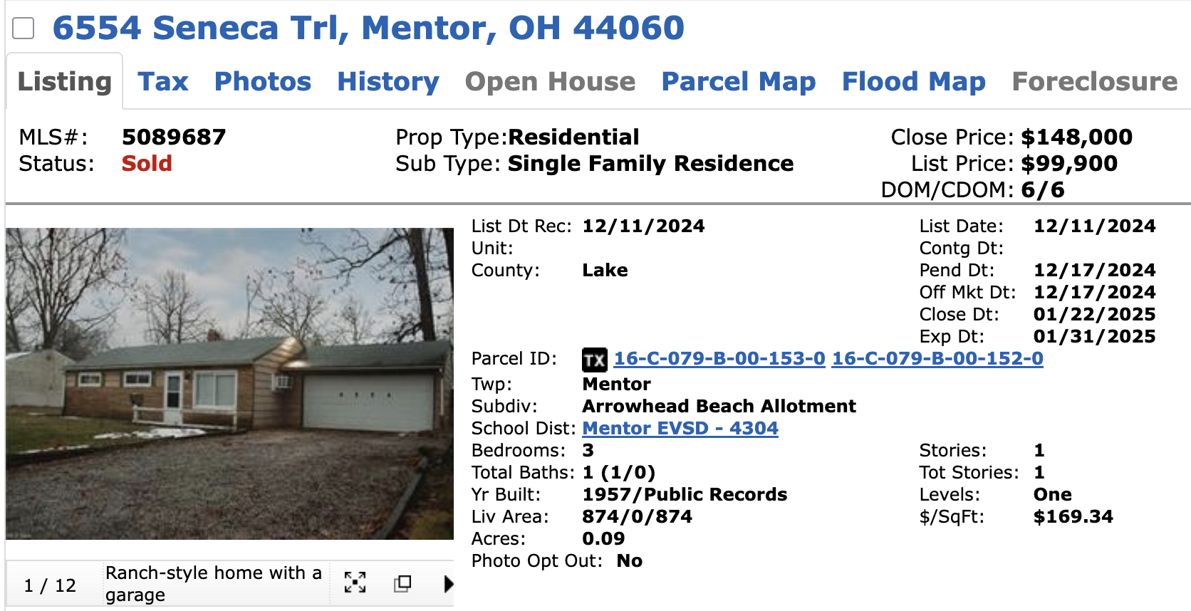 MLS record showing the Mentor Seneca Avenue home sold for $48,100 over list price